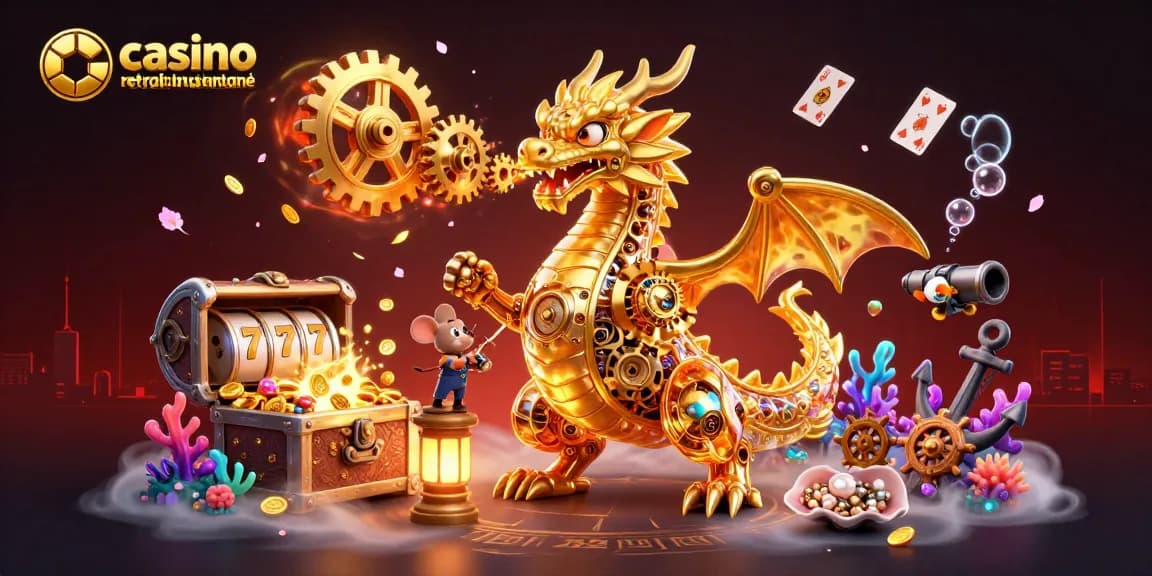 Vivez l'excitation du casino en ligne retrait instantané avec un dragon doré en 3D et des éléments de jeu dynamiques.