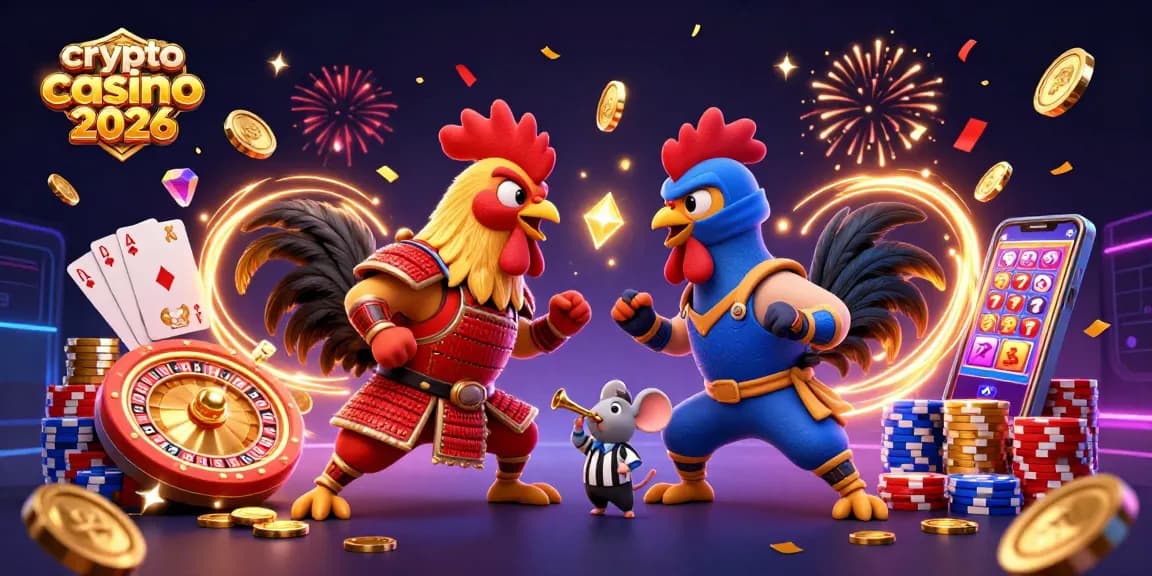 Gioca nel crypto casino online 2026 con i galli combattenti in un'illustrazione ricca di dettagli.