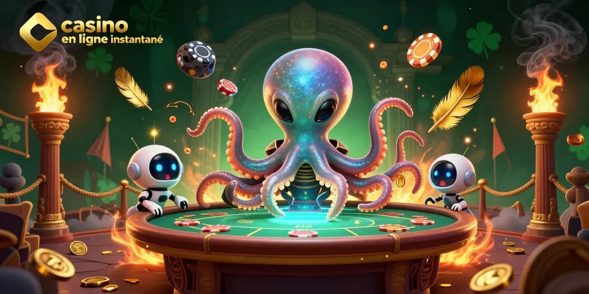 Jouez au casino en ligne retrait instantané avec cette scène captivante illustrant un octopus extraterrestre et des jetons en orbite.