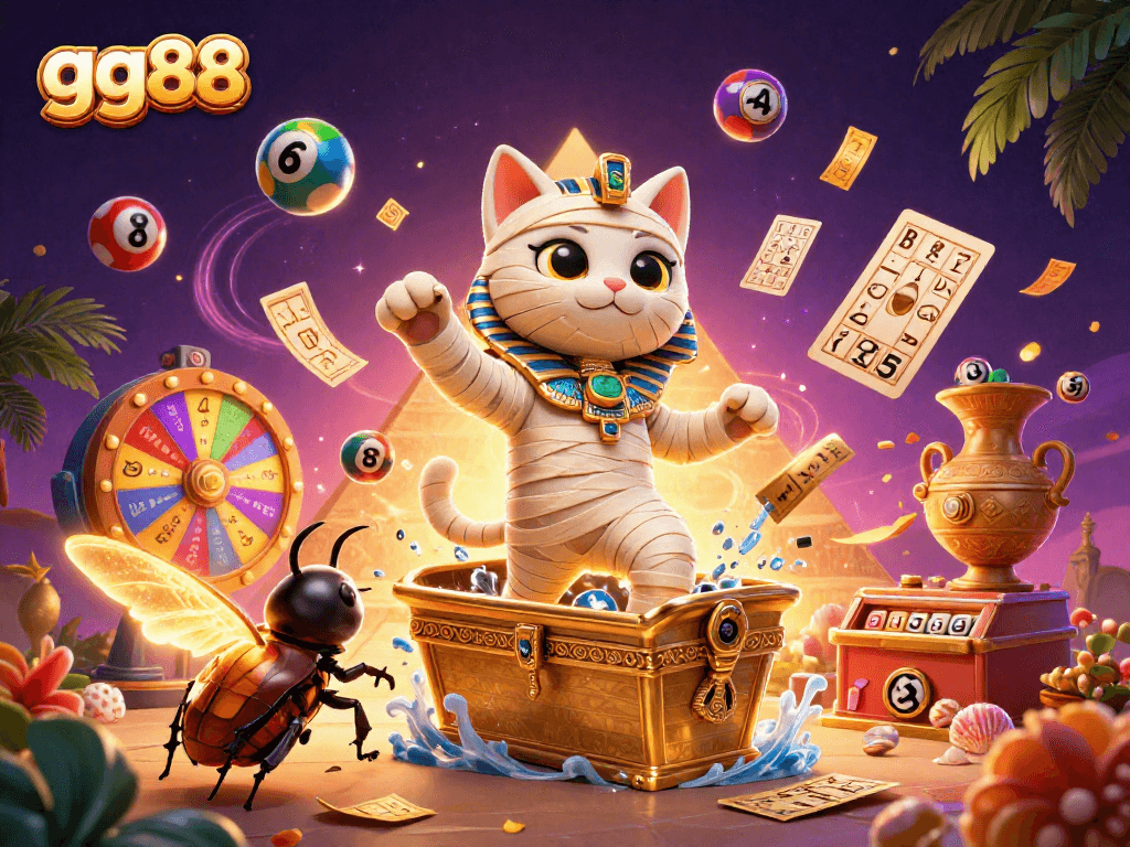 Play exciting games at gg88 featuring a mummy cat and a scarab beetle in a dynamic casino illustration.