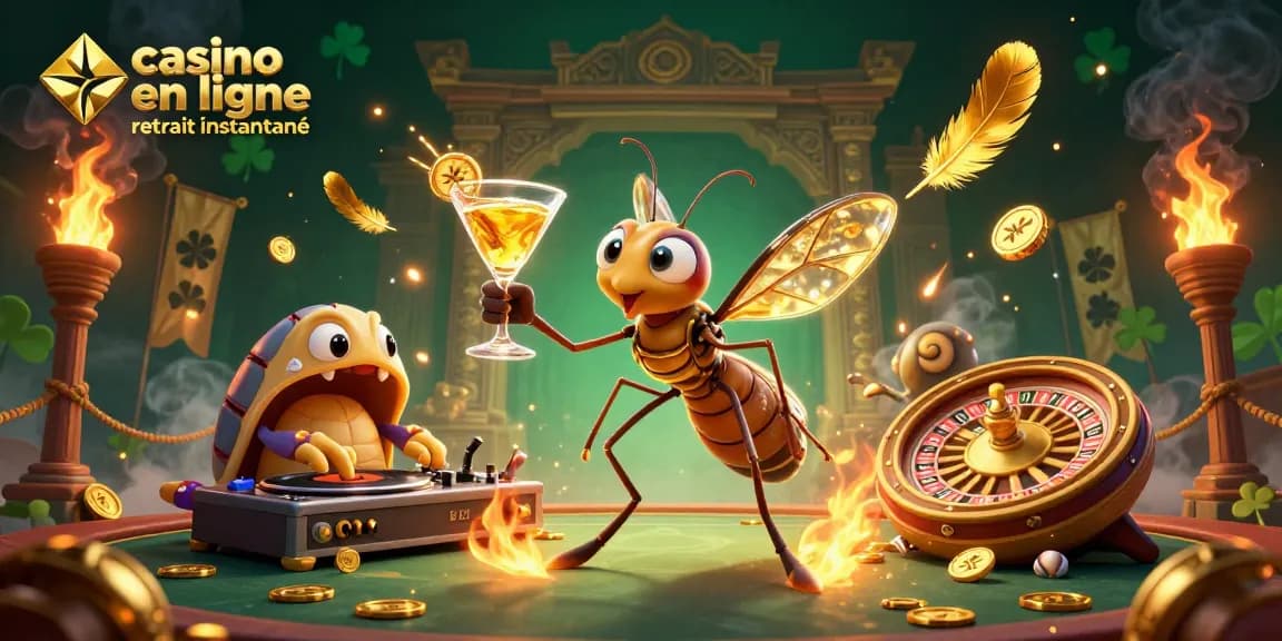 Plongez dans l'expérience d'un casino en ligne retrait instantané avec un mascotte casino animé et des éléments de jeu captivants.