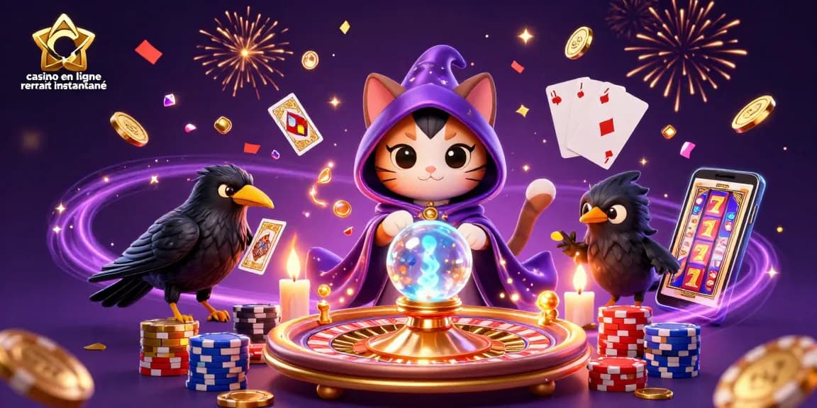 Illustration captivante du casino en ligne retrait instantané avec un chat mystique et des effets magiques.