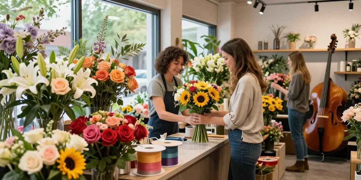 Florist arranging a bouquet in a vibrant flower shop slot