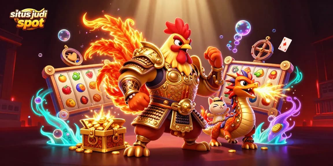 Menjelajahi peluang di situs judi slot dengan karakter menarik dan simbol jackpot yang menggembirakan.