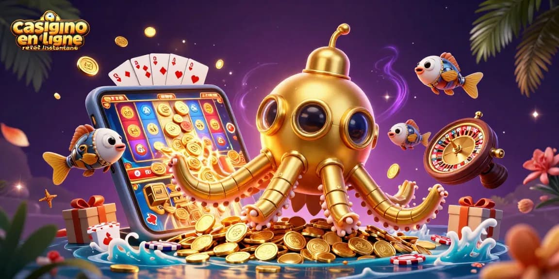 Jouez au casino en ligne retrait instantané avec notre sous-marin kraken en or et des jeux colorés.