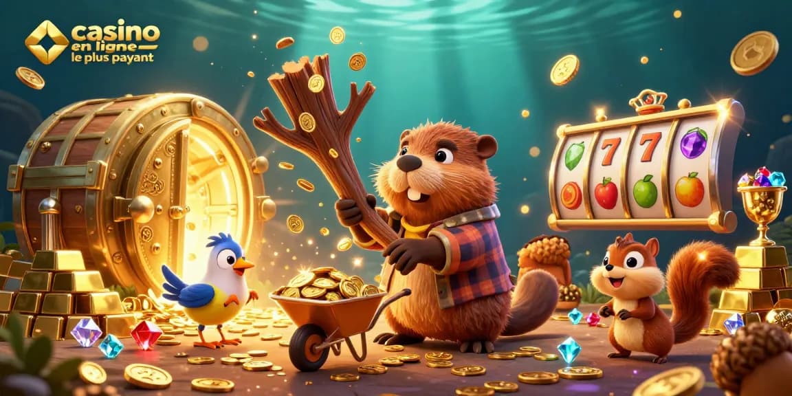 Visuel illustrant un casino en ligne le plus payant avec un castor, un oiseau et un écureuil collectant de l'or.