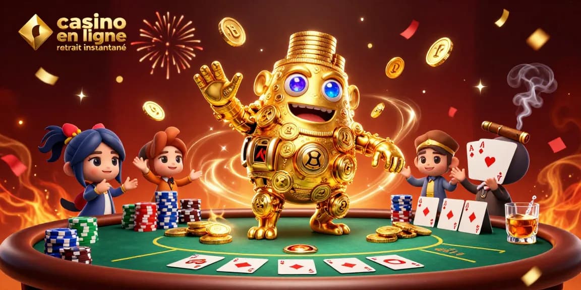 Plonger dans l'univers du casino en ligne retrait instantané avec un golem en or, des jetons et des cartes éblouissantes.