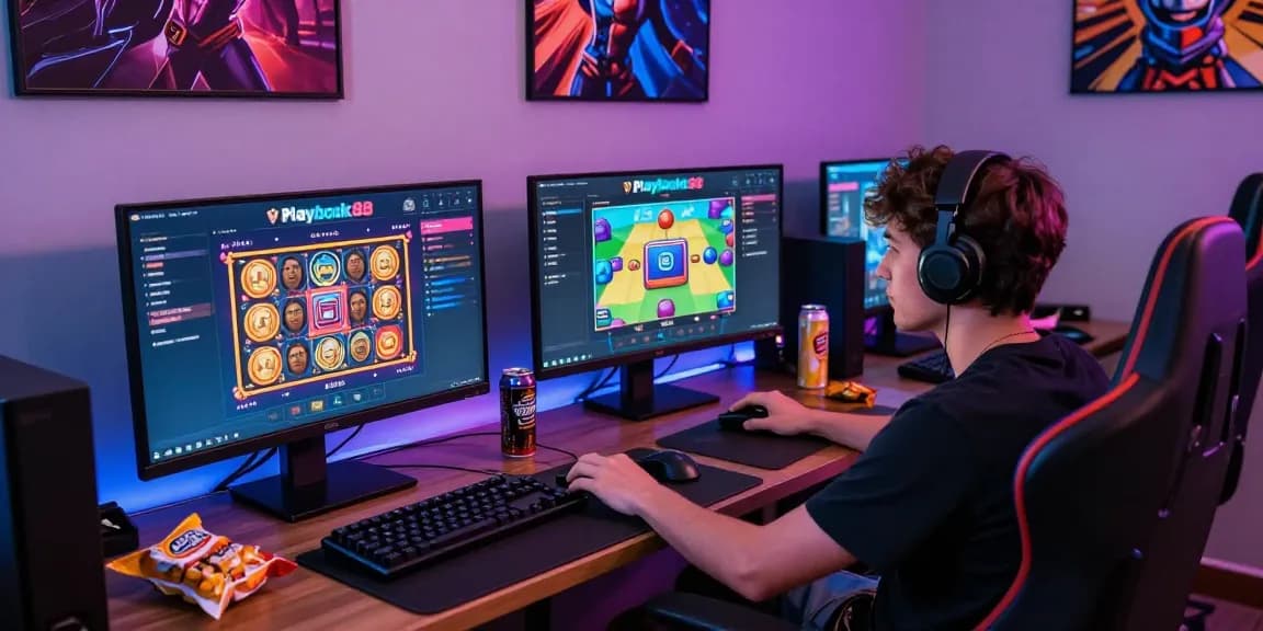 Engaging online gaming session featuring Playbook88 with vibrant graphics, gaming gear, and a cozy atmosphere.