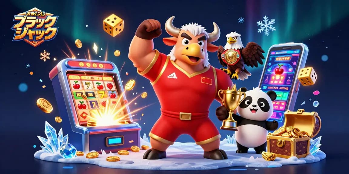 オンラインカジノ ブラックジャックの勝利を祝うキャラクターが集結する賑やかなシーン