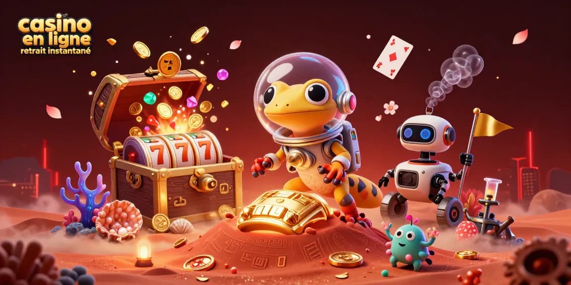 Illustration de casino en ligne retrait instantané avec un gecko martien et un rover dans un paysage dynamique.
