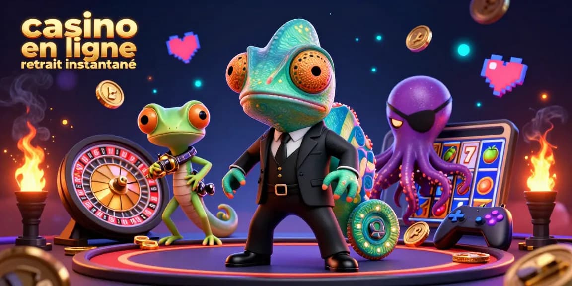 Illustration dynamique d'un casino en ligne retrait instantané, avec un caméléon et un gecko entourés d'éléments de jeu.