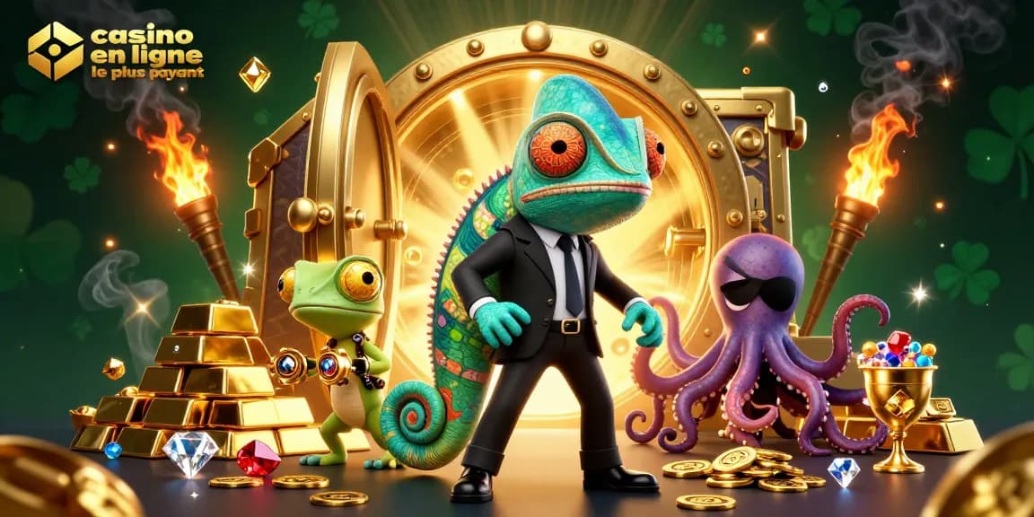 Découvrez le casino en ligne le plus payant avec une illustration dynamique d'agents épiques devant un coffre rempli de trésors.