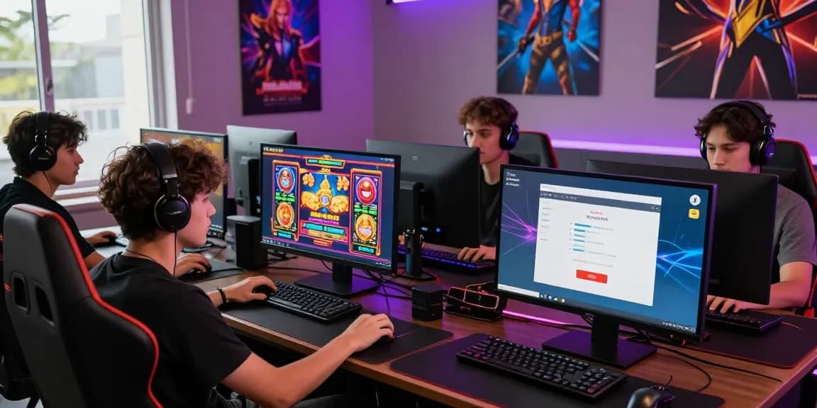 Exciting gaming scene depicting players enjoying situs judi slot on modern desktops, showcasing energy and colorful graphics.