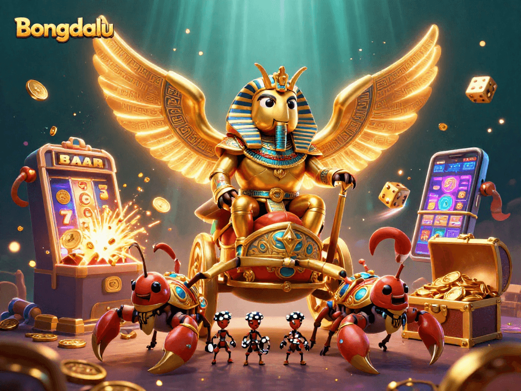 Bongdalu's thrilling atmosphere radiates as a colossal scarab beetle rides a chariot amidst jackpot explosions and lively casino elements.