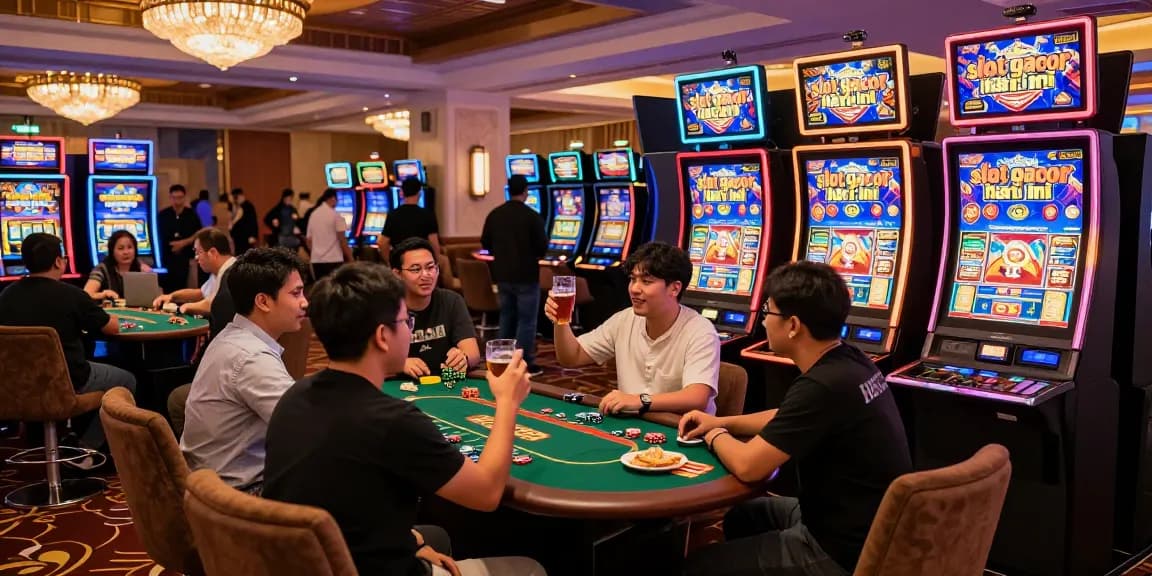 Friends celebrating at a lively casino, enjoying slot gacor hari ini with vibrant lights and excitement