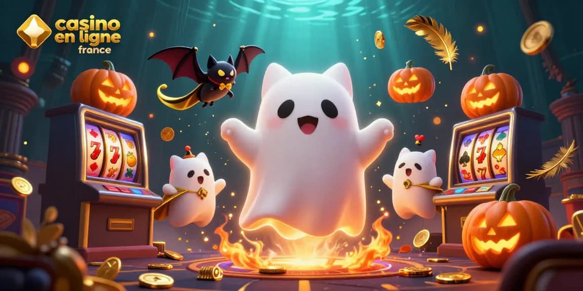Jouez à casino en ligne France avec un chat fantôme et une chauve-souris au casino hanté.