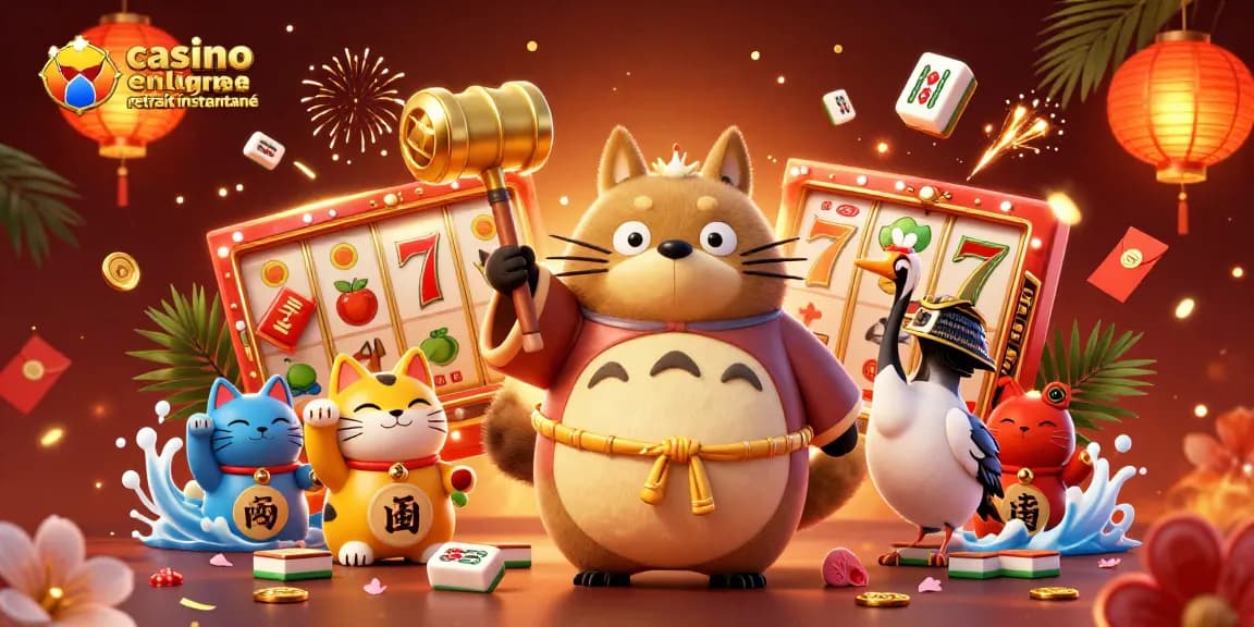 Jouez dans un casino en ligne retrait instantané avec des personnages joyeux dans un décor festif.