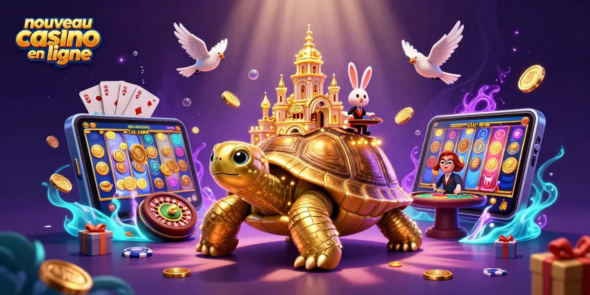 Jouez au nouveau casino en ligne avec une tortue géante, un croupier et des pièces d'or volant.