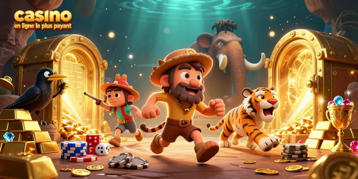 Illustration dynamique de casino en ligne le plus payant avec des personnages de la préhistoire et des éléments de jeu.