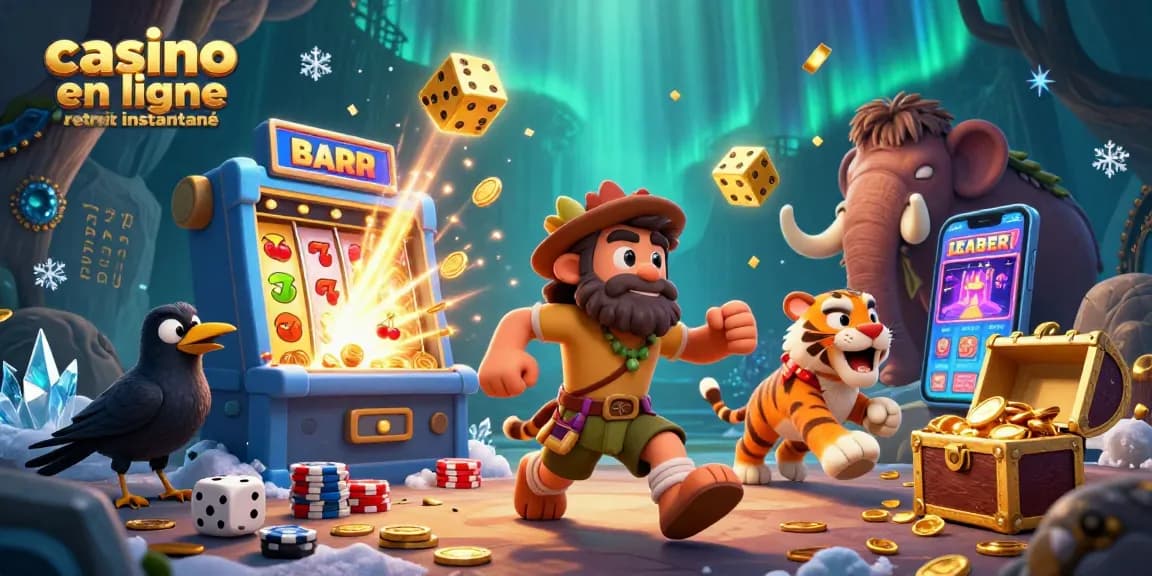 Casino en ligne retrait instantané : Détail d'une illustration 3D d'un duo de caveman et tigre de sabre à un casino préhistorique dynamique.