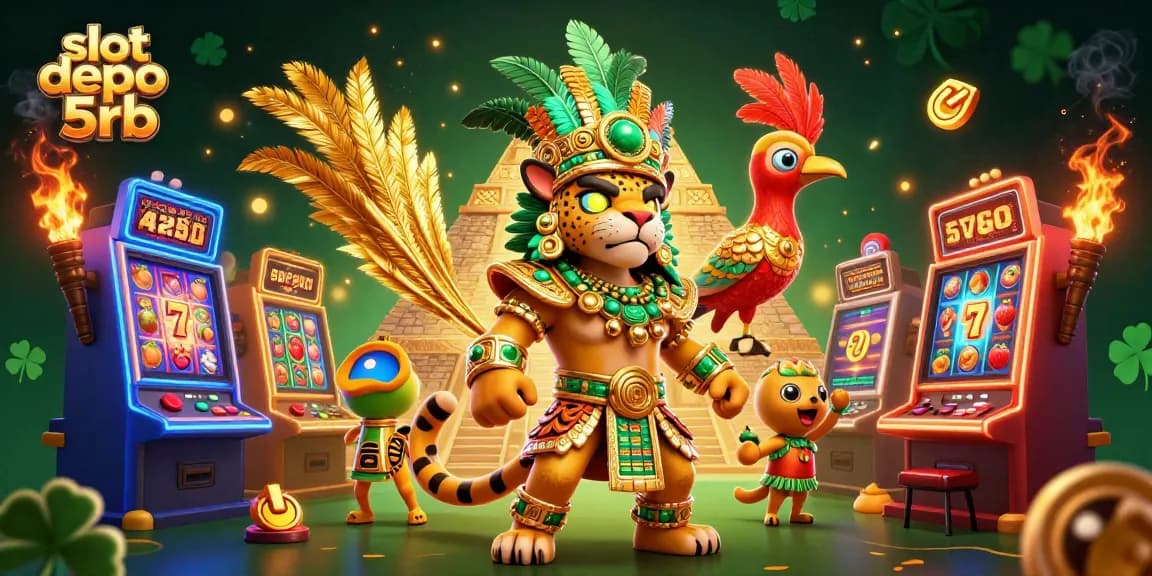 Experience thrilling wins with slot depo 5rb's vibrant 3D casino illustration full of gaming excitement.