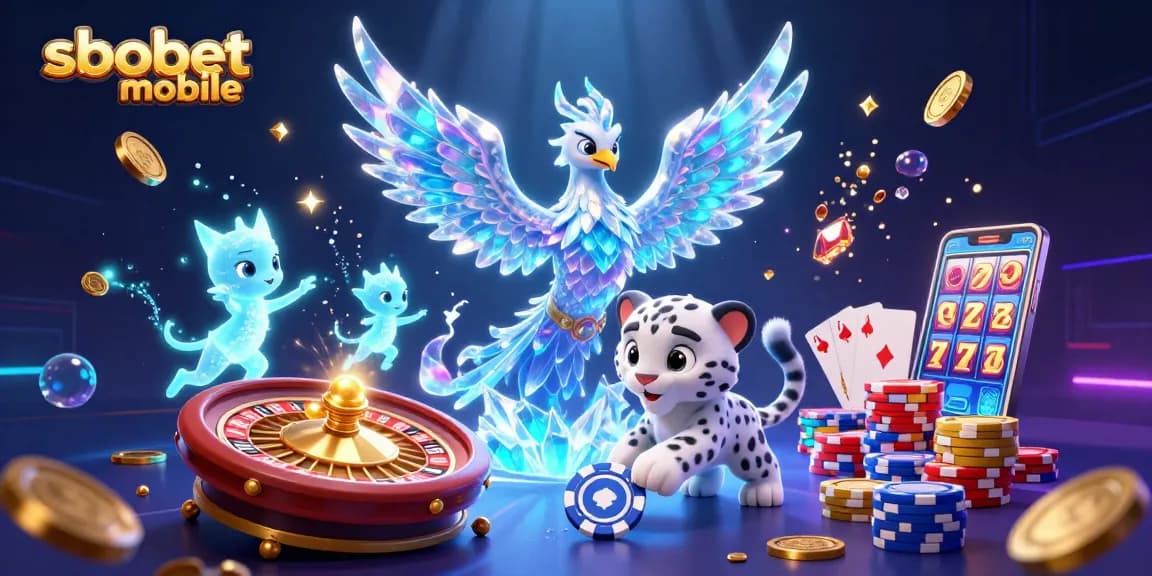 Engage in sbobet mobile action with a dazzling ice phoenix and snowy companions in a vibrant casino scene.