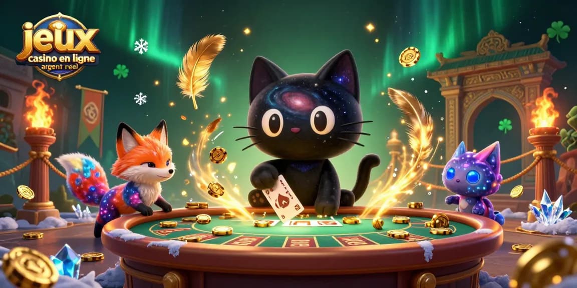 Jouez à des jeux de casino en ligne argent réel avec un chat noir en trou noir et un renard nébuleux entourés de jetons en or.