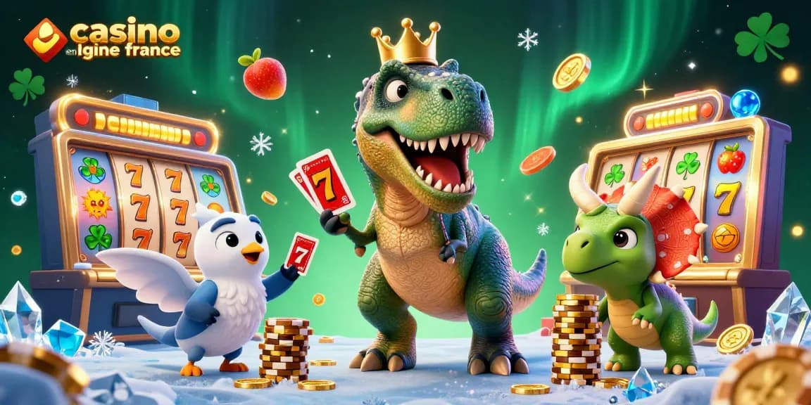 Jouez au casino en ligne France avec un T-Rex distribuant des cartes sous des lumières éclatantes.