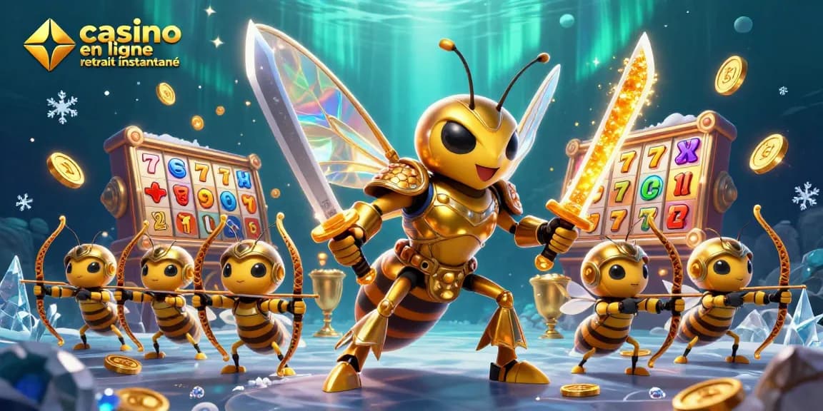 Ce visuel illustre le casino en ligne retrait instantané avec un hornet géant samouraï et des éléments de machines à sous.