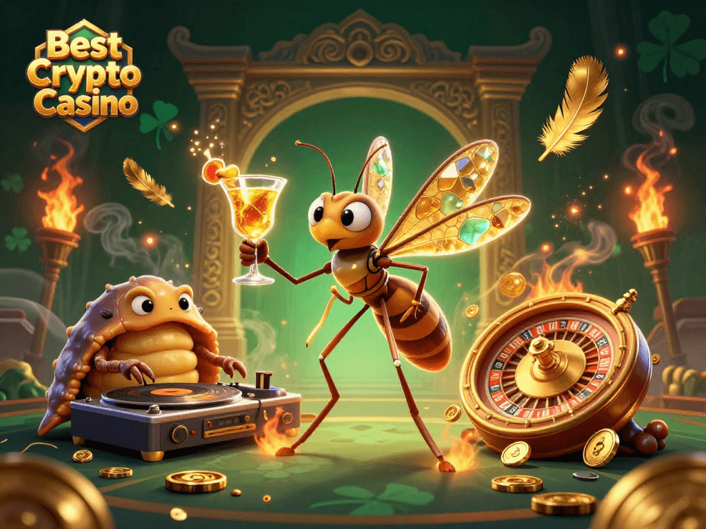 Experience excitement with the Best Crypto Casino featuring unique characters like a mosquito mascot and trilobite DJ.