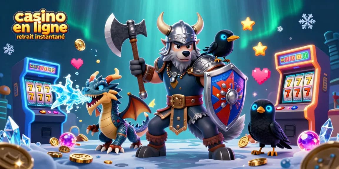 Jouez au casino en ligne retrait instantané avec un loup viking, un dragon et des machines à sous colorées.