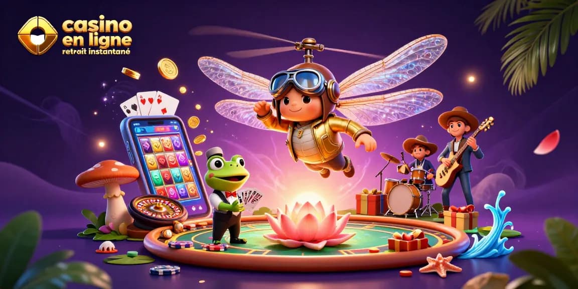 Jouez au casino en ligne retrait instantané avec un pilote de libellule et un croupier grenouille dans un cadre dynamique.