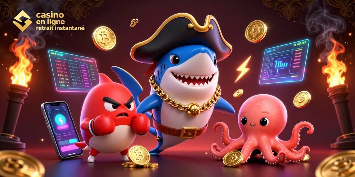Vivez l'expérience du casino en ligne avec retrait instantané, featuring un requin pirate et des composants numériques