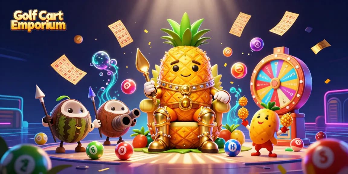 Experience exciting gameplay at Golf Cart Emporium with vibrant lottery and casino elements.