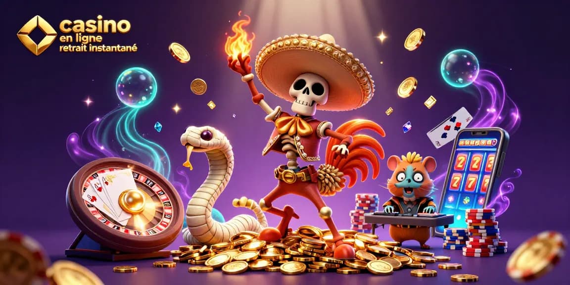 Visitez le casino en ligne retrait instantané avec cette illustration 3D festive animée.