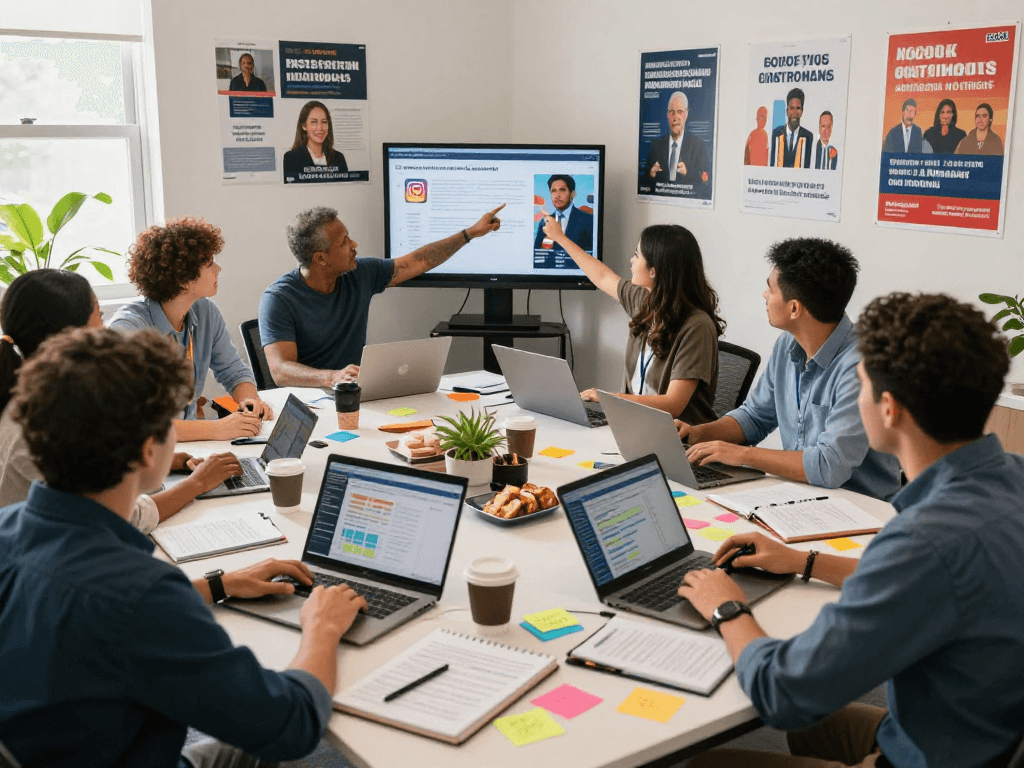 Team analyzing data and creating effective instagram ads for campaigns in a vibrant campaign office.