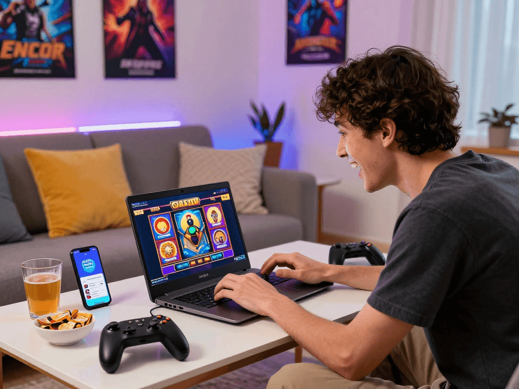 Player enjoying slot gacor games on laptop with vibrant atmosphere and snacks.