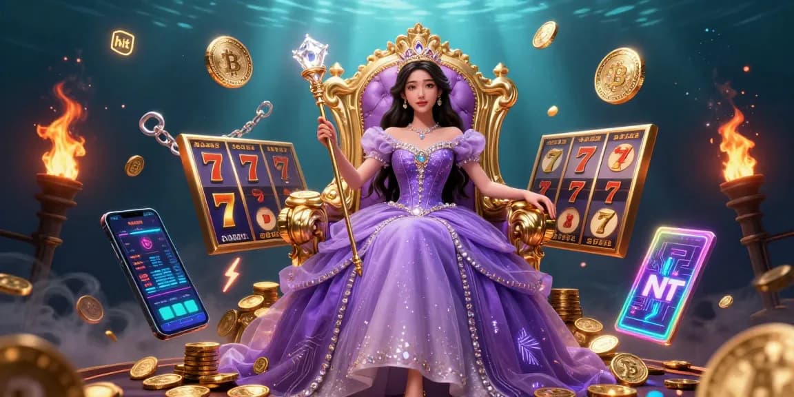 Hit game scene featuring a beautiful woman in a purple gown with slot reels and crypto coins.