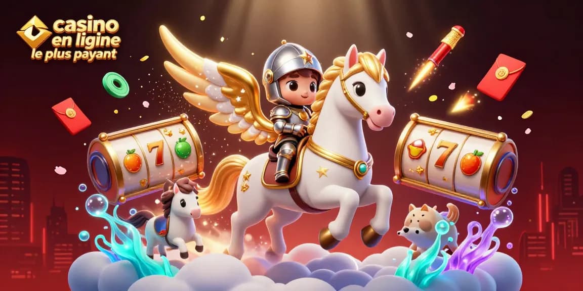 Illustration dynamique représentant un cheval céleste et un chevalier traversant des nuages, jouant au casino en ligne le plus payant.