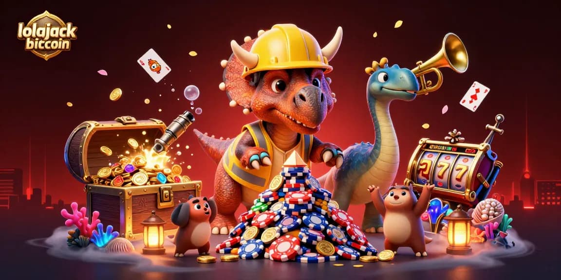 Engage with lolajack bitcoin while a triceratops celebrates a poker chip pyramid in a vivid casino scene.