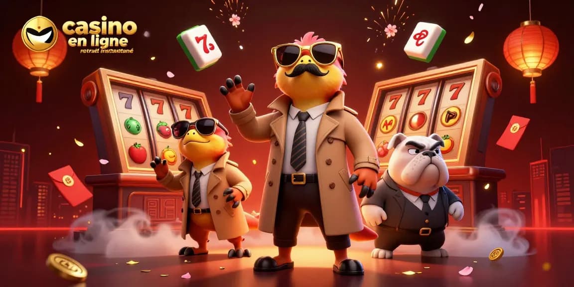 Célébrez le casino en ligne retrait instantané avec trois raptors comiques en manteau devant un casino, entourés d'éléments de jeu.