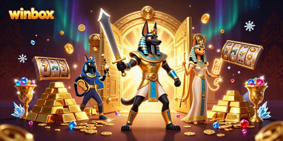 Winbox slots explode with action as Anubis and Bastet guard golden treasures and vibrant gameplay elements.