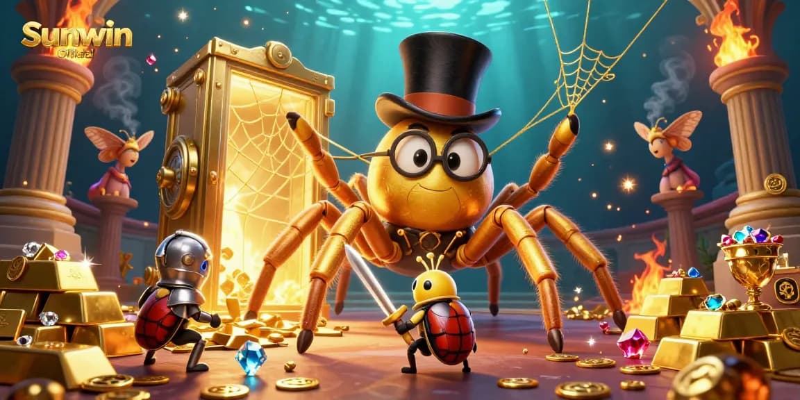 Engage with Sunwin Official as a golden tarantula spins a web of luck amidst a spectacular casino backdrop.