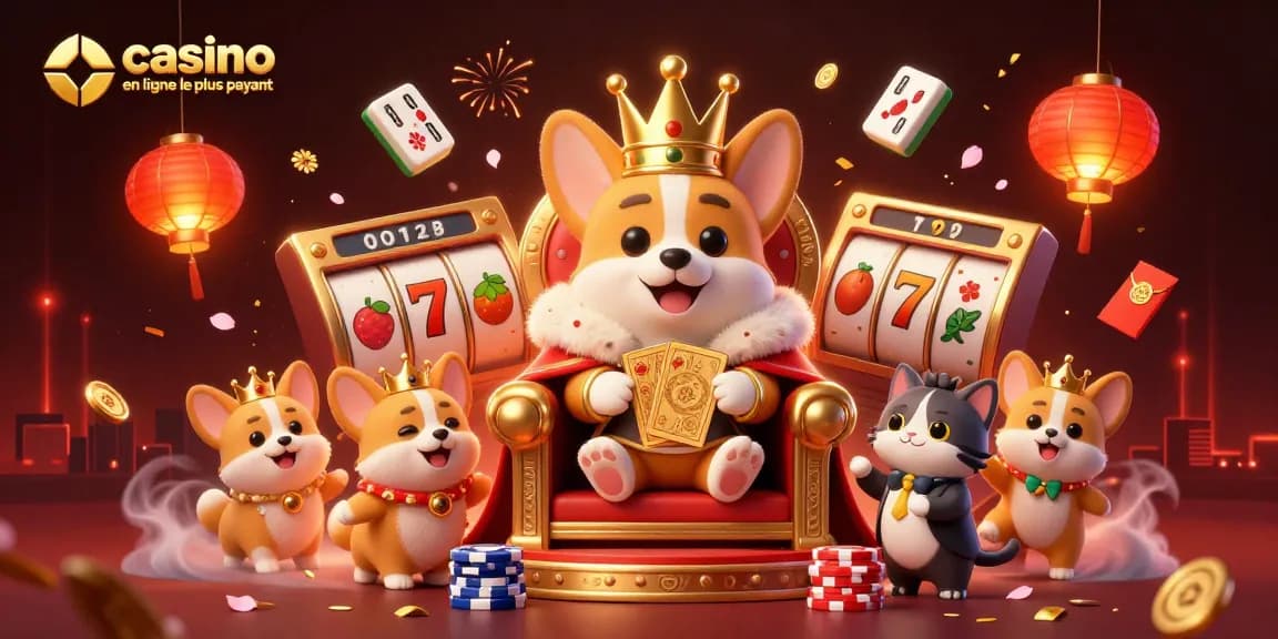 Illustration dynamique d'un corgi royal avec des jetons et des éléments de casino, représentant le casino en ligne le plus payant.