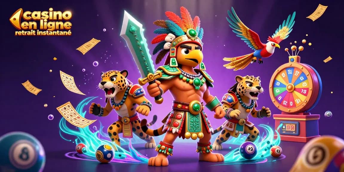 Plongez dans l'univers des jeux avec casino en ligne retrait instantané et des guerriers aztèques, entourés de ballons colorés et de tickets en or.