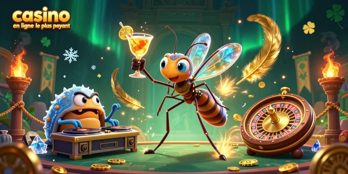 Visualisez un casino en ligne le plus payant avec un moustique mascotte et un DJ trilobite dans un monde vibrant.