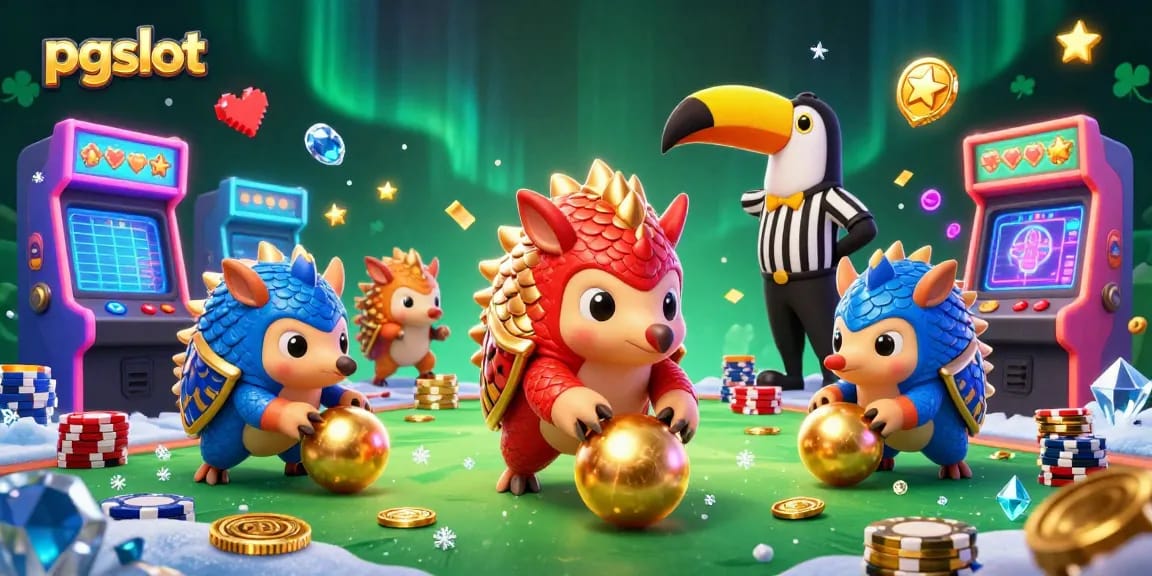 Engage with pgslot through thrilling 3D cartoon pangolins bowling poker chips in a vibrant casino atmosphere.