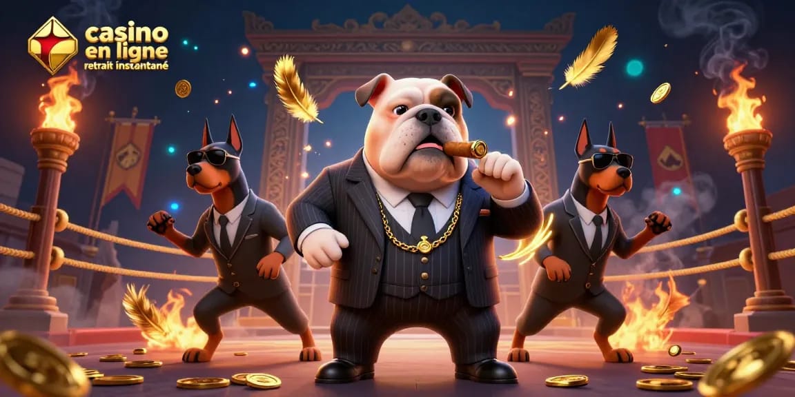 Illustration de mafia avec bulldog et dobermans dans un casino en ligne avec retrait instantané.