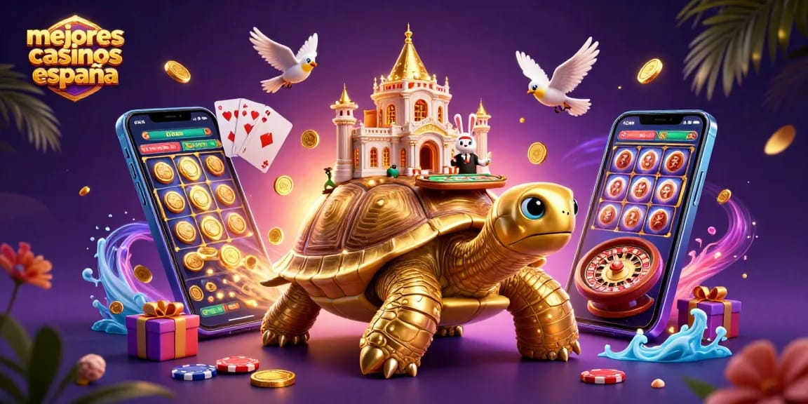 Descubre los mejores casinos en España con ilustraciones vibrantes de tortuga, dealer y elementos de juego dinámicos.