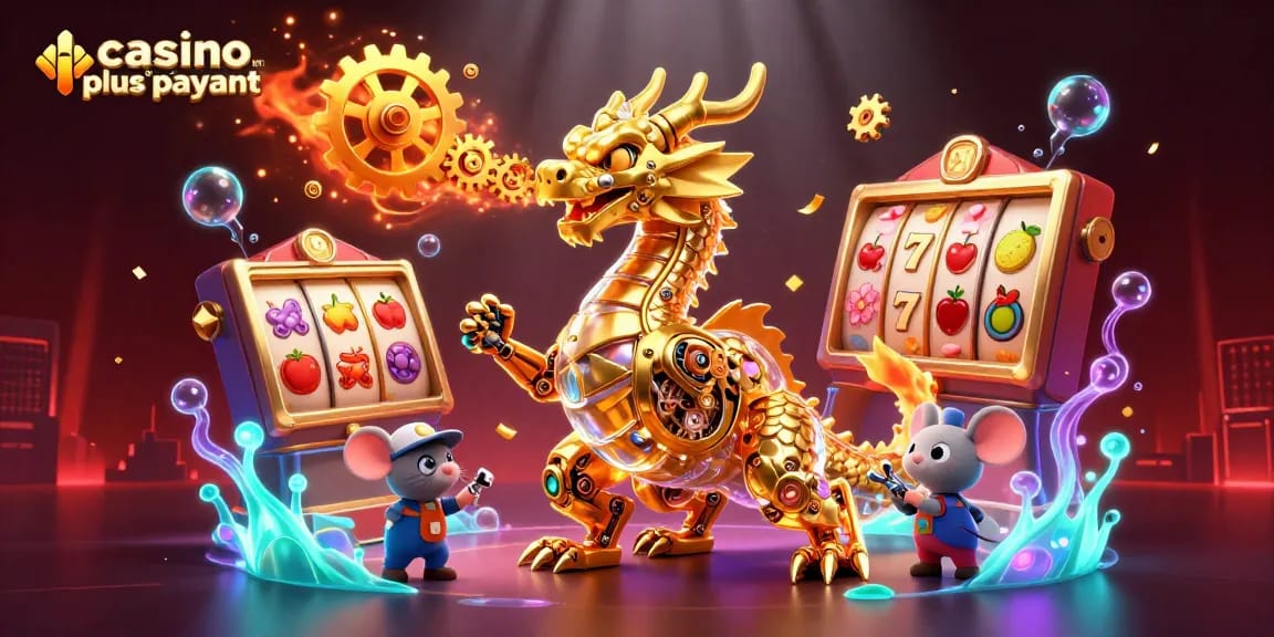 Illustration dynamique d'un dragon doré dans un casino, symbolisant un casino en ligne le plus payant.